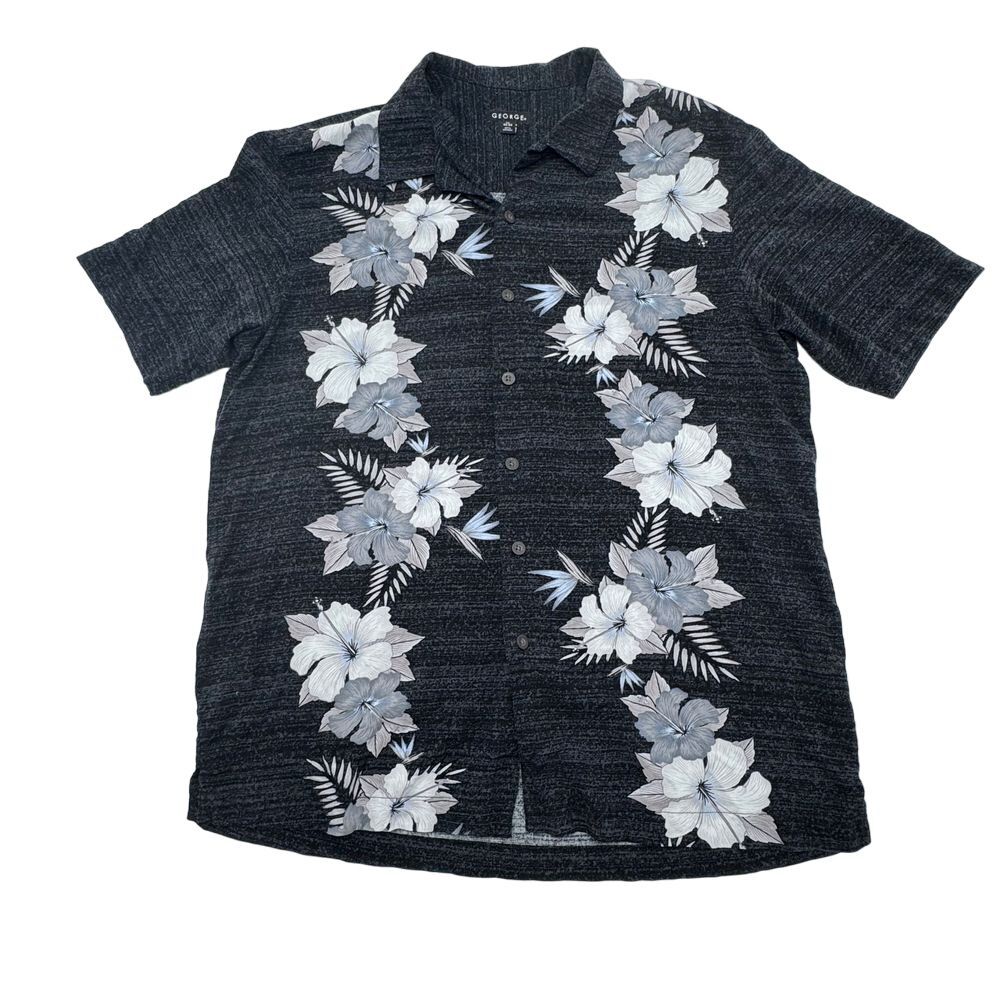 George Black Hawaiian Shirt w/ Gray Floral Pattern Button Down Rayon L/G 42-44
